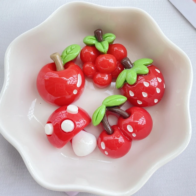 Serie de setas de dibujos animados, fresas, manzanas y cerezas, parte posterior plana, resina, álbum de recortes, joyería artesanal, horquilla, 10