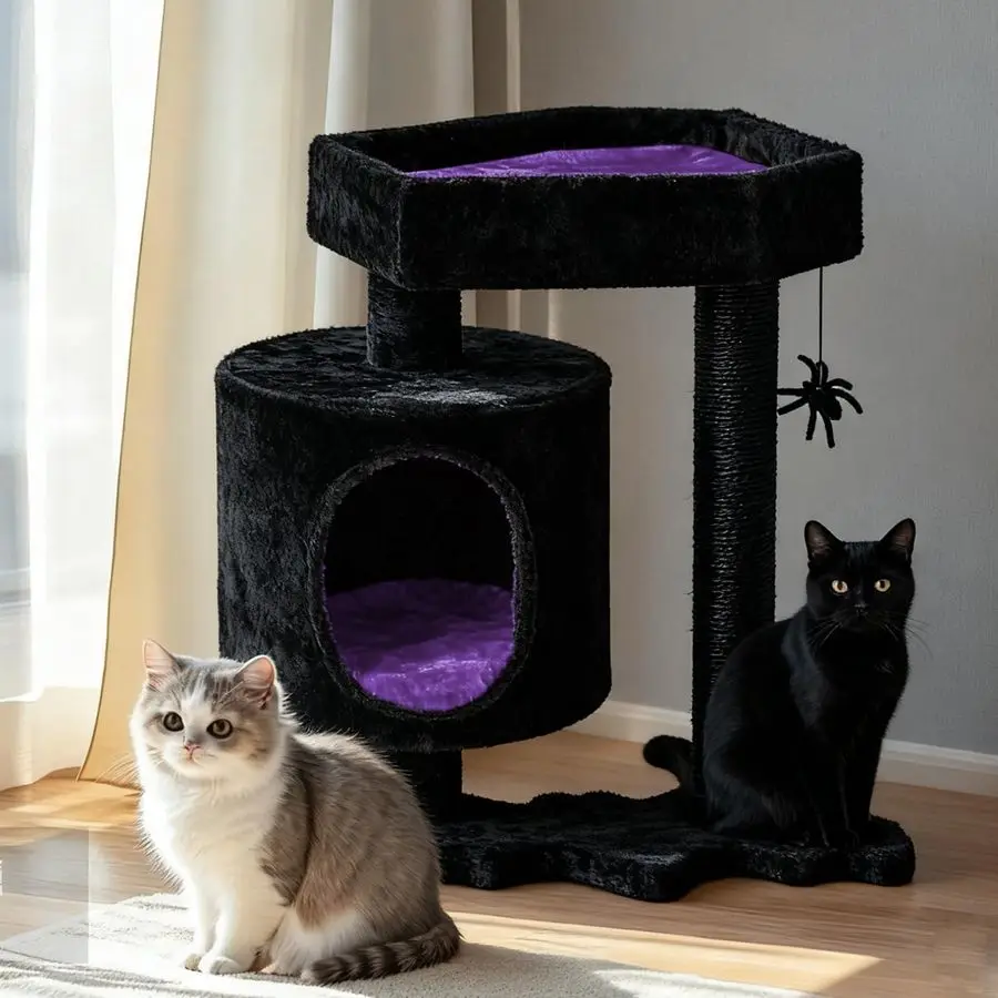 

Cat Tree, Gothic Cat Tree with Coffin Bed, Cat House with Scratching Posts, Shelves for Kittens, Spider Toy, Black and Violet Sm