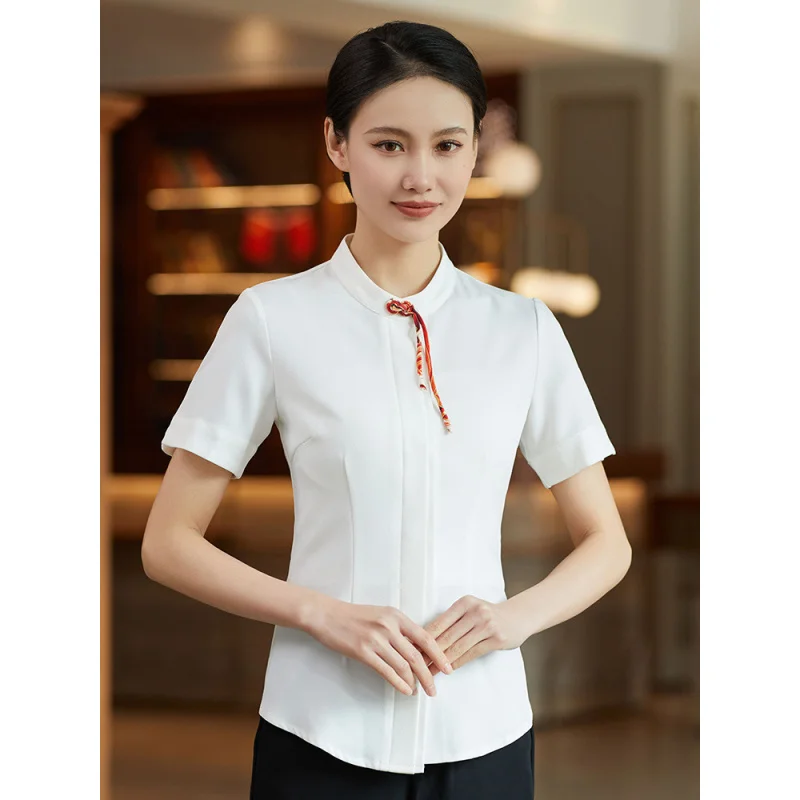 زي عمل تقديم الطعام بأكمام قصيرة للنساء فندق على الطراز الصيني مطعم الشاي إناء/ قدر مطعم النادل ملابس النادلة الصيفية ث