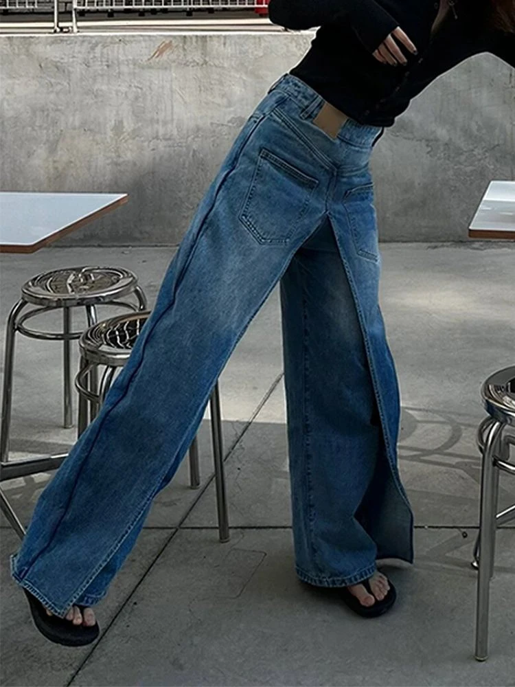 Women\'s Deconstructive Patchwork Design Jeans Wearing Both Front Back High Waisted Pants Female Loose Retro Denim Trousers