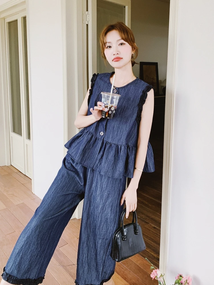 

Лето 202, женский милый крутой повседневный джинсовый жилет, широкие брюки, комплект из двух предметов, модный ансамбль, длинные брюки с круглыми пуговицами