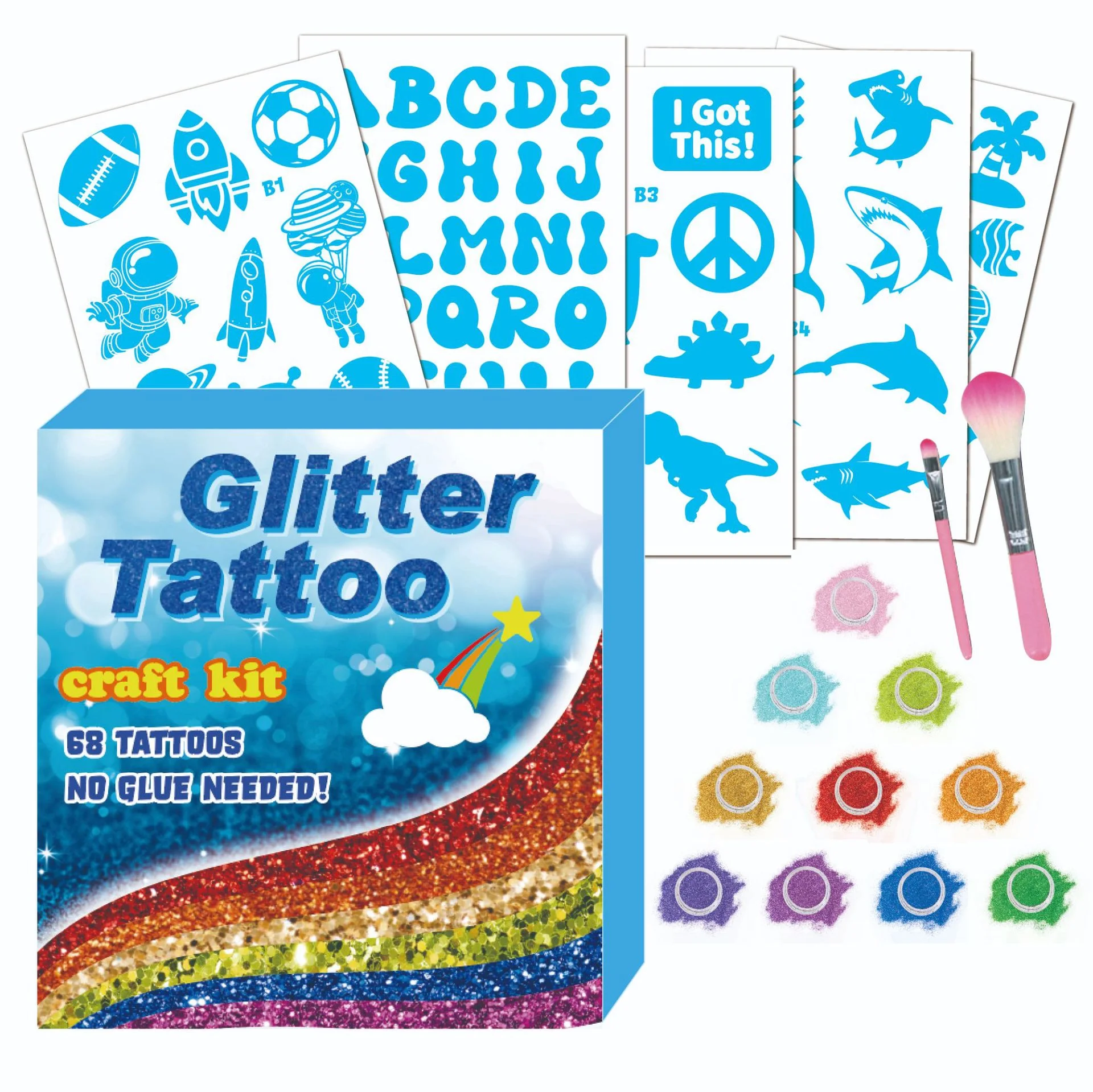 Glitter Tattoo Children's DIY Diamond Body Painting Kit Stage Concert Temporary with Stencils 12 Glitter Colors Arts Make Up Kit