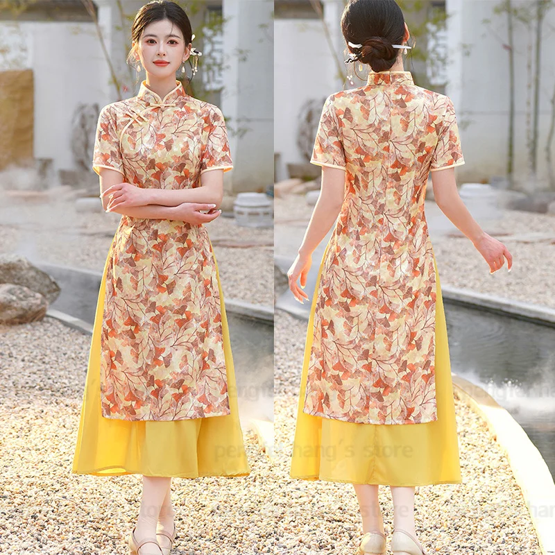 

Spring Summer New Improved Chinese Dress Women Print Ao Dai Qipao Satin Cheongsam Female Elegant Qipao Dress Oversize 4Xl 5Xl