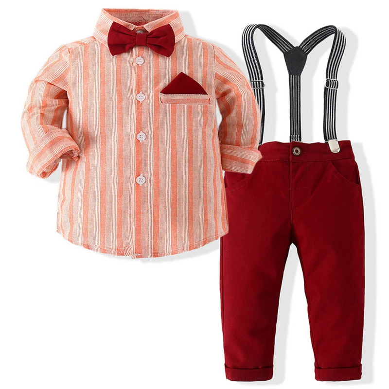 

4Piece Spring Newborn Boy Clothes Korean Fashion Gentleman Stripe Long Sleeve Tops+Pants+Tie+Straps Baby Boutique Clothing BC806