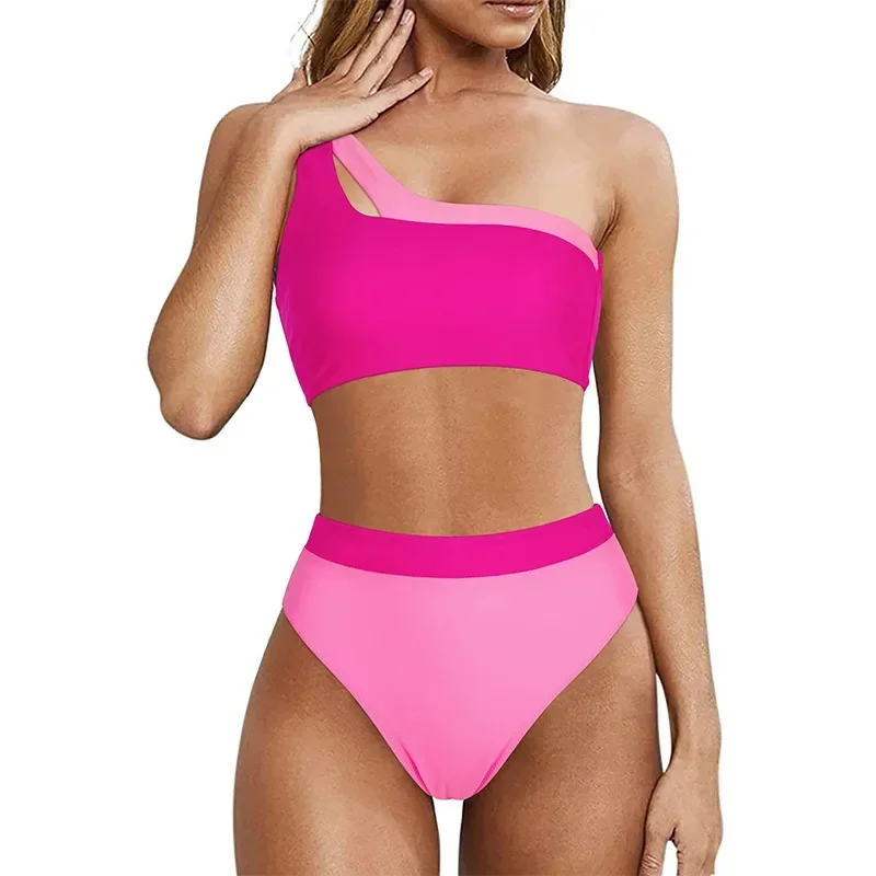 

2024 Solid Color Patchwork Swimsuit Women Two Piece Bikini Sexy Single Shoulder Backless Swimwear High Waist Beach Bathing Suit