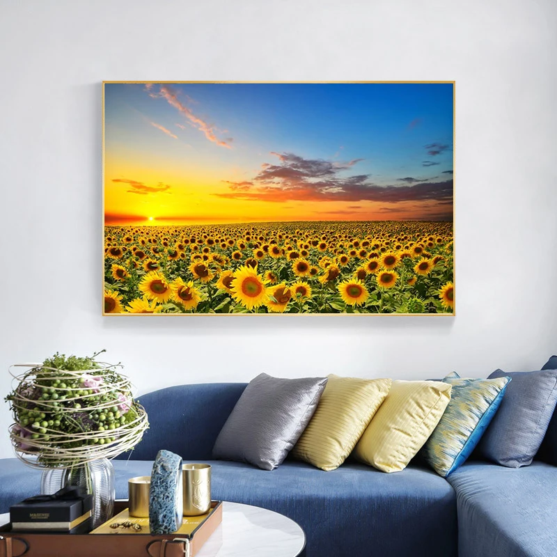 

Sunflower Landscape Poster Prints with Frame Wall Art Canvas Painting Sunlight Shines Floral Photography Picture for Living Room