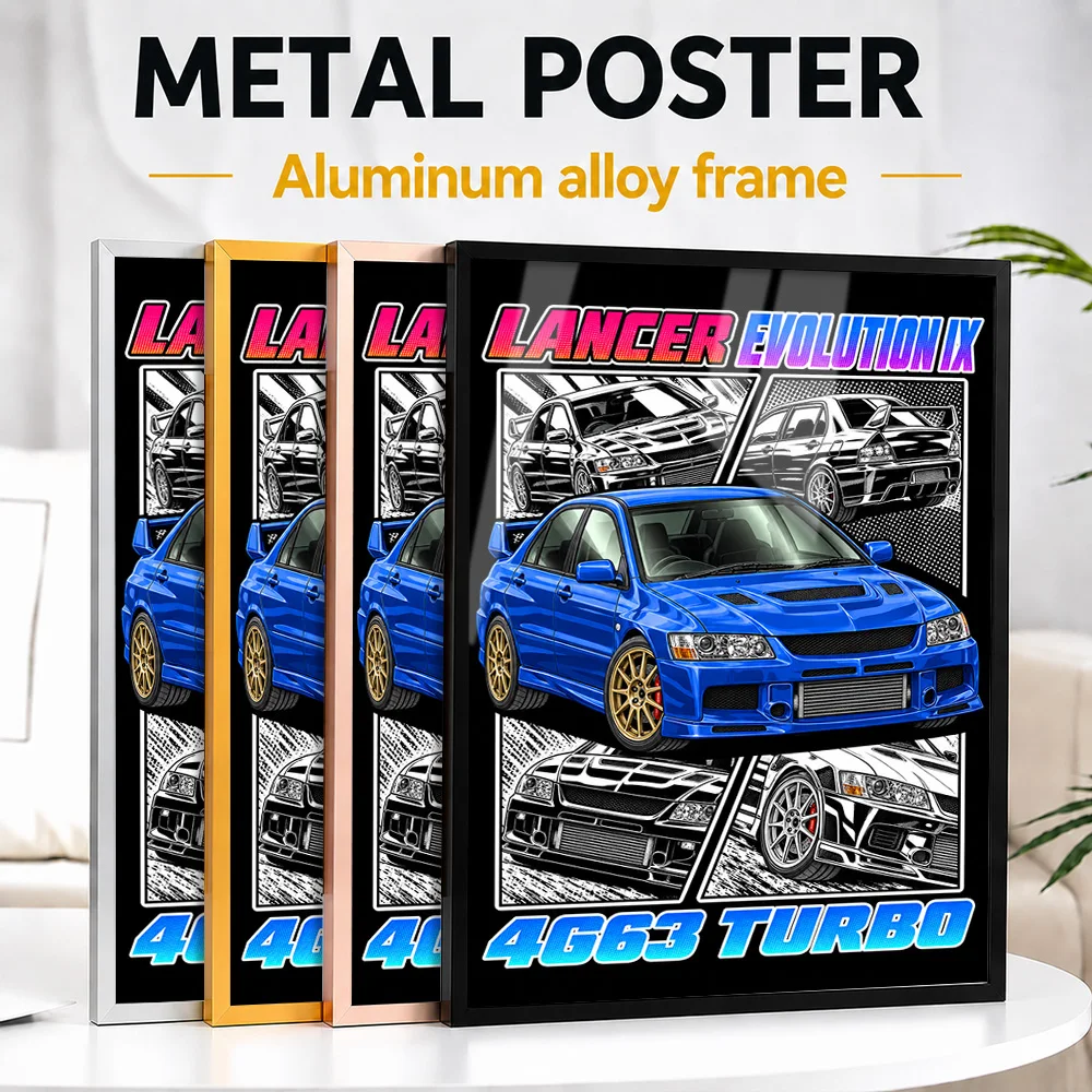 Japanese Lancer Evolution IX Electric Blue Pearl Sports Car Framed Metal Print Customized Track Performance Wall Art For Garage