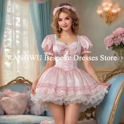 Pink Short Cosplay Prom Dress With Tiered Puff Sleeve Mini Short Evening Dress Formal Birthday Party Lolita Skirt