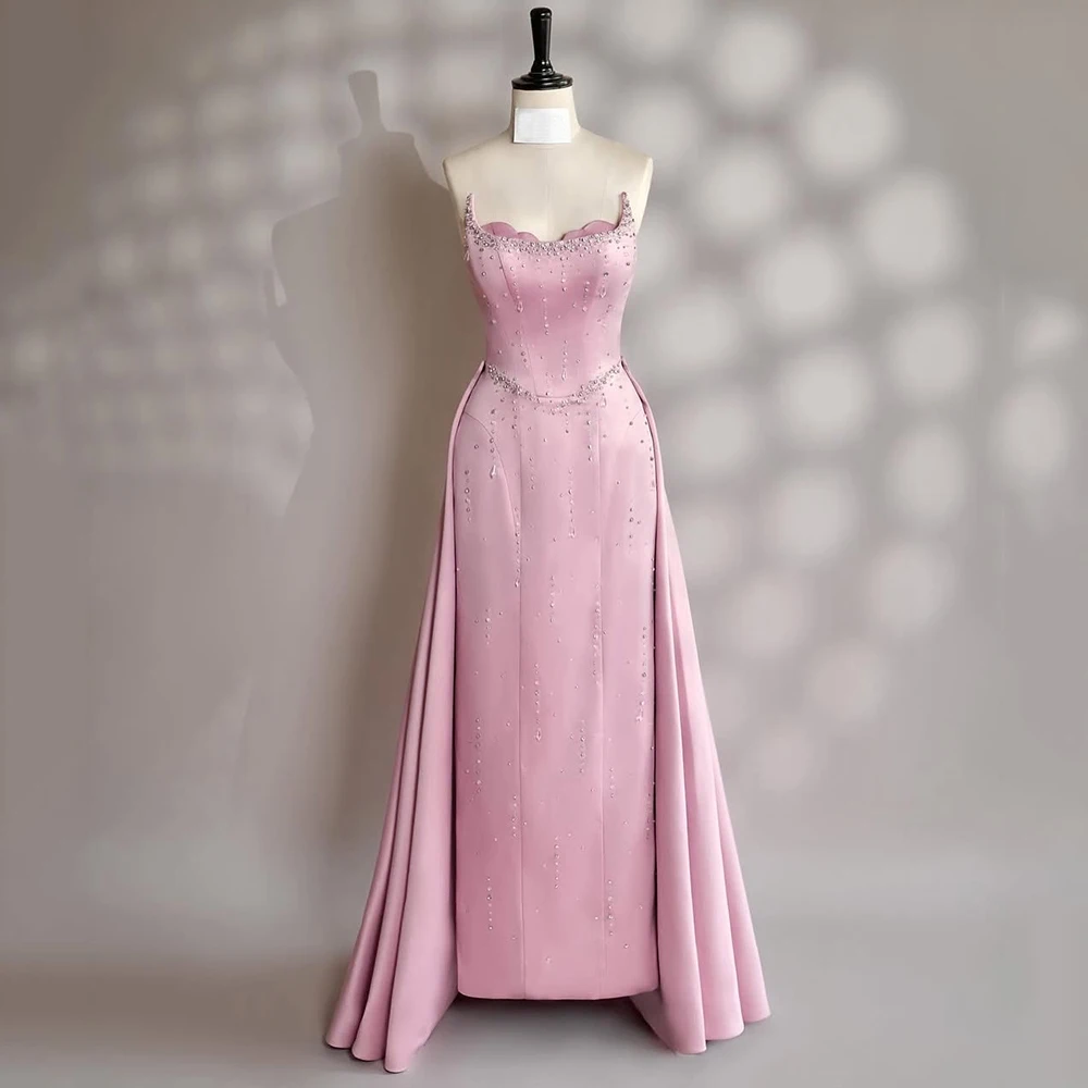 

Customized Strapless Pink Jersey Evening Dress Backless Watteau Train With Crystal Party Dress Simple Ankle Length Prom Gown