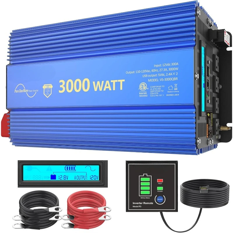 3000W Pure Sine Wave Power Inverter  Compatible with & Lithium Battery for Off-Grid Solar Car RV ，home.