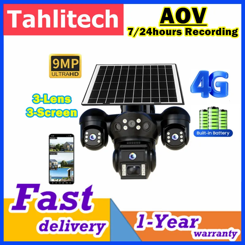 4G Outdoor Solar PTZ IP Camera 9MP 3-Lens Solar Panel Battery-Powered  AOV 7/24hours recording CCTV Camera Mobile APP V380pro
