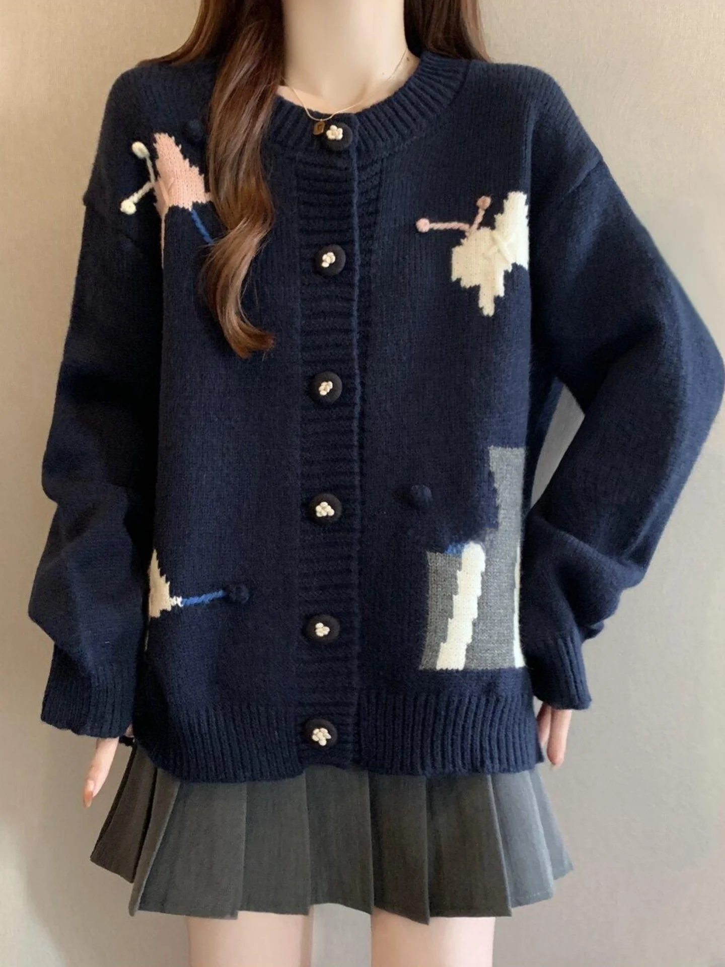 

Soft Blue Embroidery Knitted Open Cardigan Autumn Winter plus Size Women's Loose Fit Sweater Coat Lazy Sle Warmth