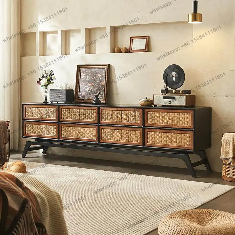 

French retro rattan TV cabinet, antique solid wood audio-visual cabinet in household storage