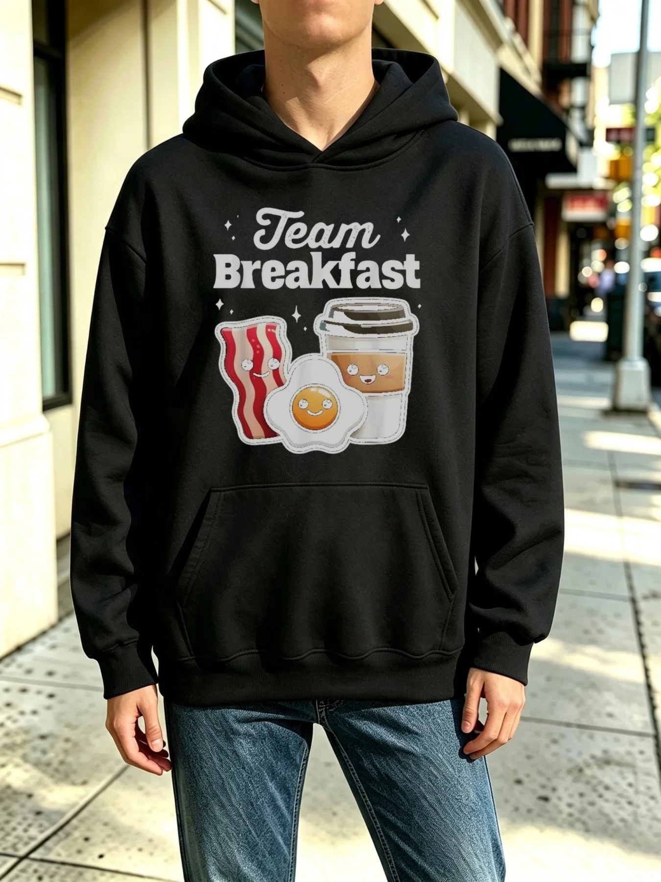 Men's Hooded Sweatshirt with Team Breakfast Pattern, Featuring Fun Bacon, Fried Egg, and Coffee Design, Casual Basic Style, Loose Fit, Suitable for Autumn and Winter, Everyday Outdoor and Home Workwear, Soft Fleece Lining, Long Sleeves with Kangaroo Pocket