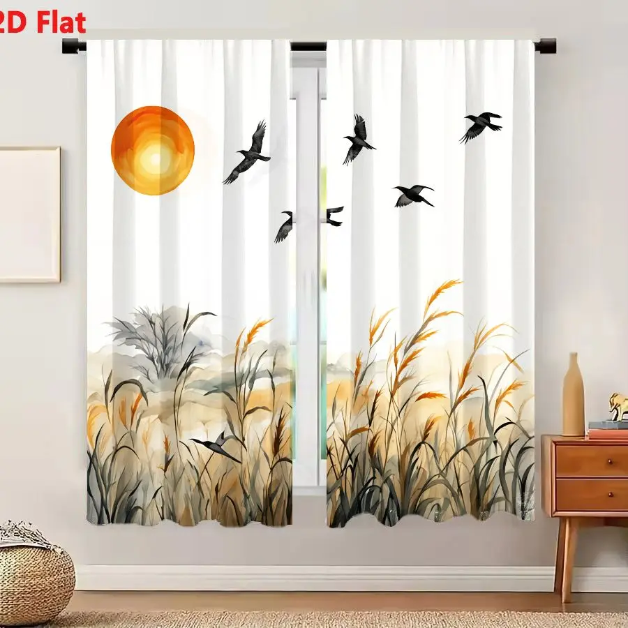 2Pcs Curtains 2D Flat Serene Landscape Illustration With Glowing Sun Migrating Birds And Tall Grasses In Painterly Style Window