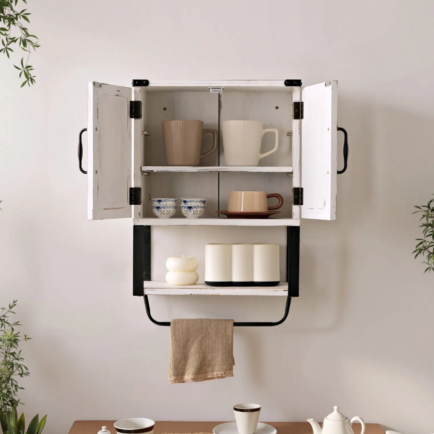 

American country retro wooden bathroom cabinet wall-mounted tea set storage cabinet kitchen seasoning sundries locker