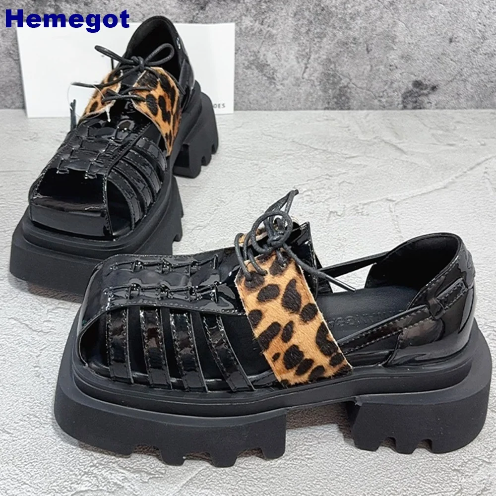 

Thick Sole Leopard Print Roman Sandals Square Toe Hollow Summer Genuine Leather Casual Lace-Up Beach Sandals Fashion for Women