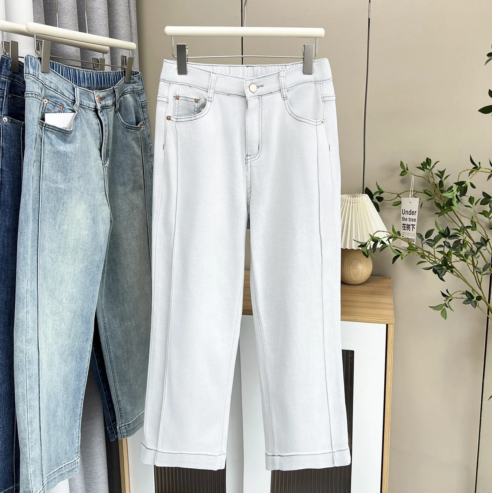 2026 Summer Plus Size Pipe Straight Stretch Denim Ankle Length Pants Elastic Waist Slim Casual Jeans Curvy Ladies 2519 view 6