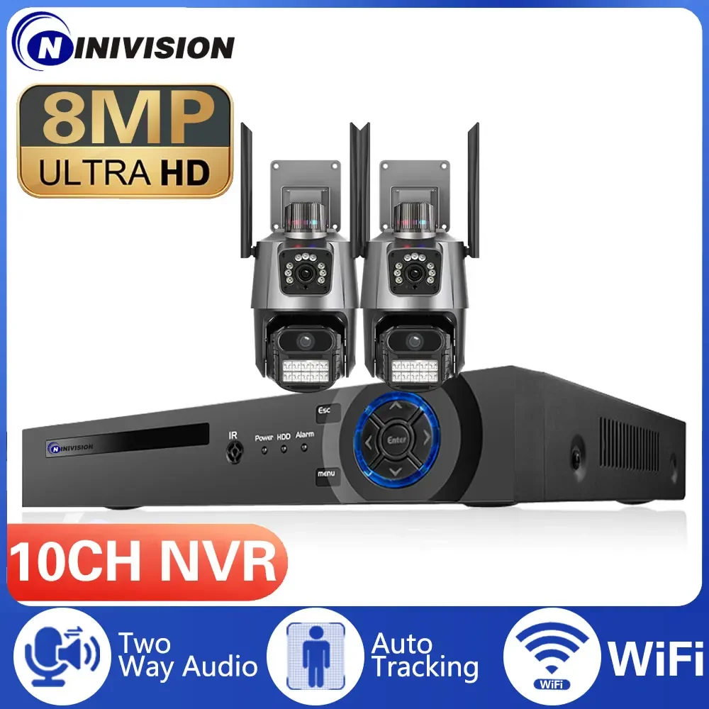 10ch 8mp Draadloze Dubbele Lens Ptz Wifi Ip Veiligheidscamera Tweeweg Audiokleur Nachtzicht Gezicht Poe Nvr Videobewakingssysteem