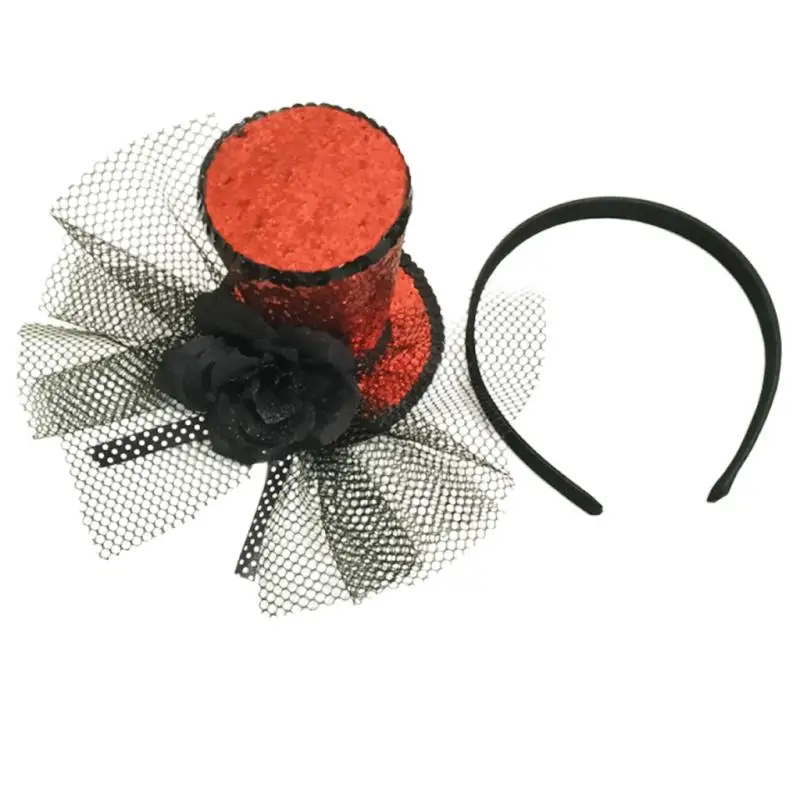 Women Funny Sequin Mini Top Hat Headband with Black Rose Netting Gothic Party Hair Hoop for Halloween Cosplay Costume Accessory