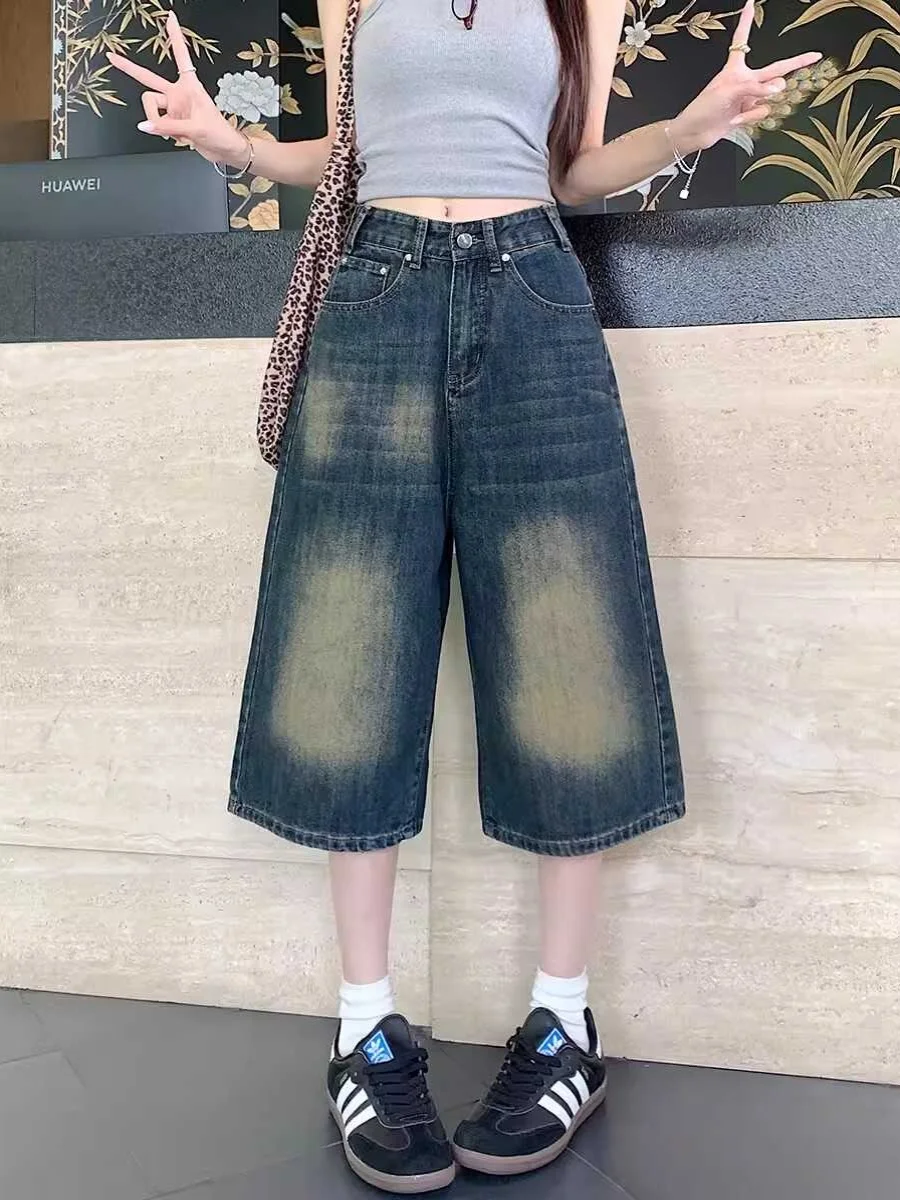 

High Waist American Retro Seven-Five Jeans Women Summer New plus Size Loose Straight Leg Wide Leg Mid-Pant High Wear-Resistant