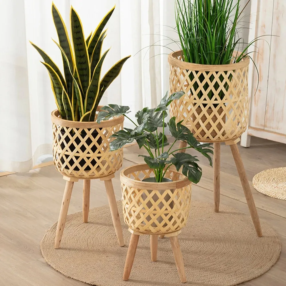 Wicker Flower Pot Handmade Wooden High Foot Flower Stand Nordic Style Rattan Flower Pot Indoor Balcony Plant Dill Home Decor