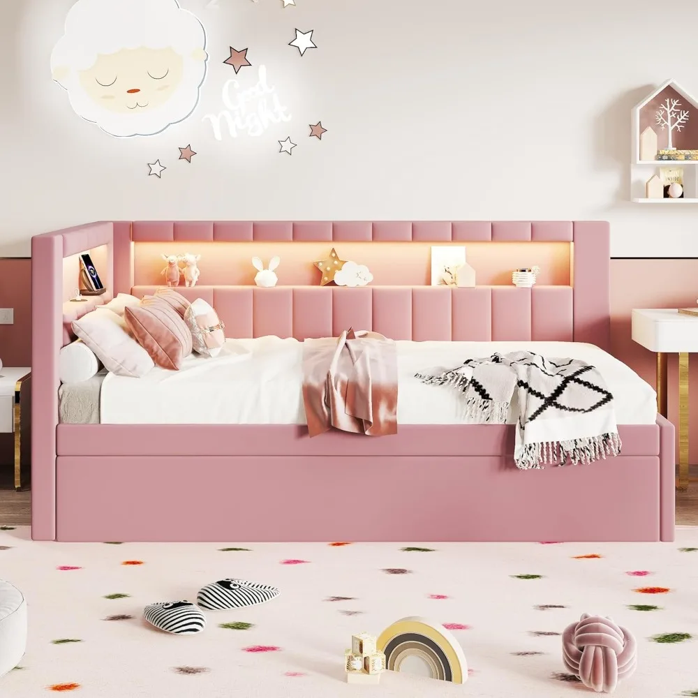 سرير من القماش الحديث بحجم مزدوج من Merax مع منافذ USB وسرير دولاب وسرير نهاري أرضي ودعم شريحة خشبية وميزات تخزين #5