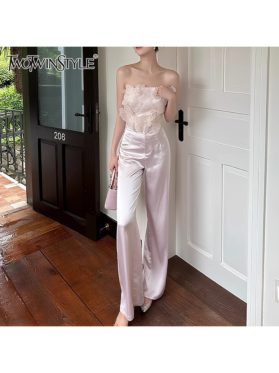 

TWOTWINSTYLE Elegant Two Piece Sets for Women Strapless Sleeveless Spliced 3D Flower Vest High Waist Wide Leg Pant Set Female