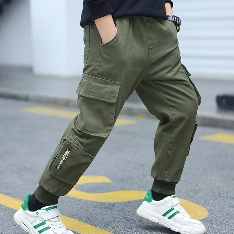 Autumn Boys Work Pants Military Green Cotton Trouserss Kids Teenager Sport Pant Spring Children Casual Clothes For 3-12 Year Old