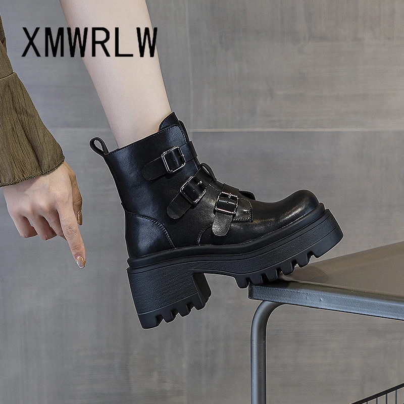 

XMWRLW Women's Autumn Winter Ankle Boots Fashion Square Heel Ladies Ankle Boots Genuine Leather Women Warm Winter Boot Shoes