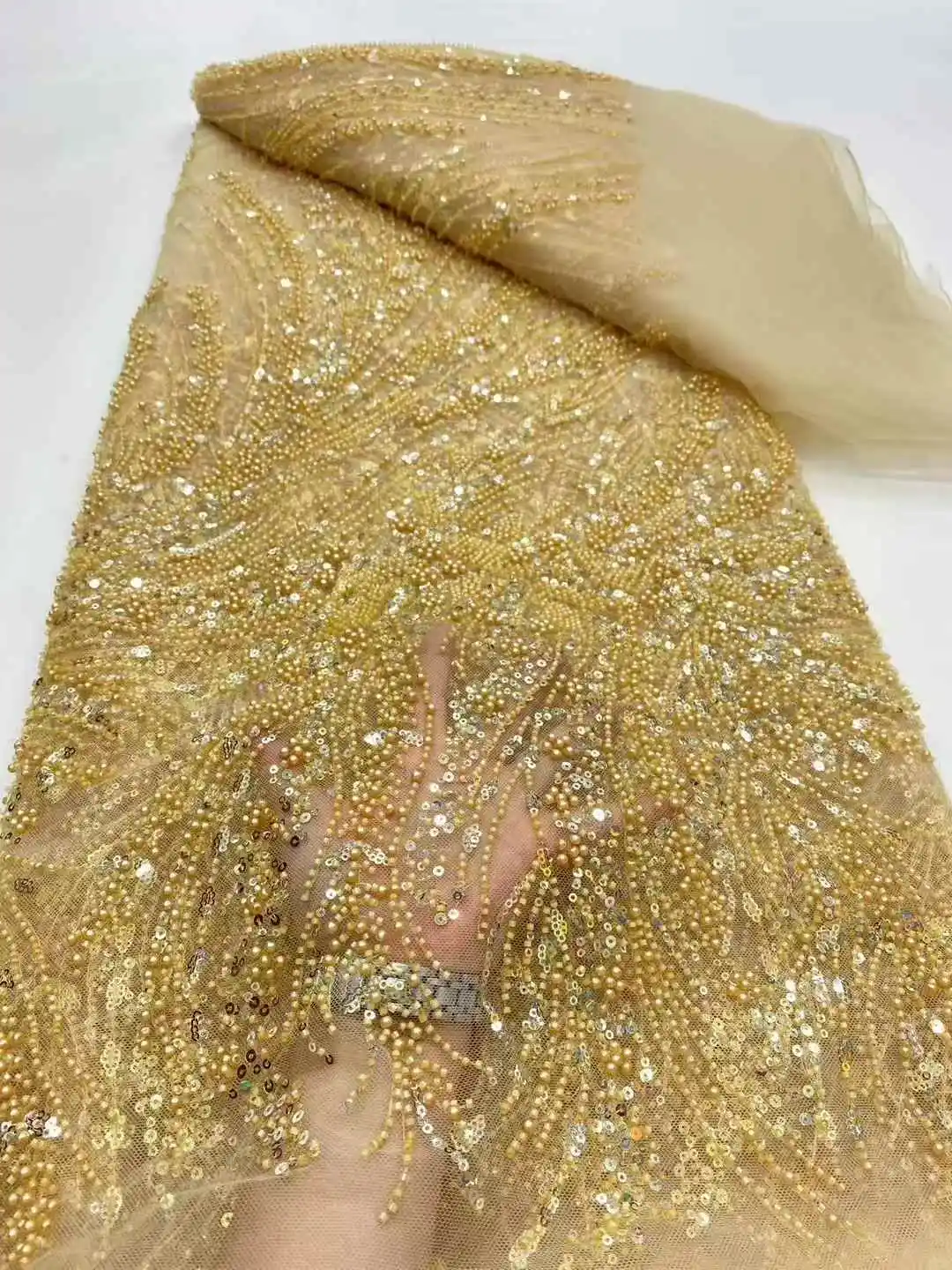

2025 African Sequins Lace Fabric, Embroidery Beads, Tulle Lace Fabrics, Wedding Party Dress, High Quality, Latest,SZ712, 5 Yards