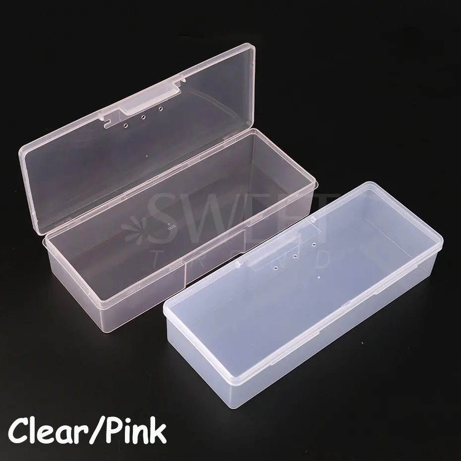 Nail Art Storage Box Nail Parts Organizer Clear Pink Cuboid Plastic Container Packaging Case For Nail Brush File Manicure Tools