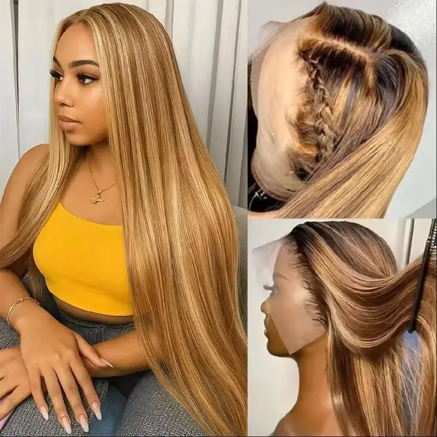 Piano Color 200% High Density 36 Inches Long-length 13x6 13x4 HD Transparent Lace Frontal Wig Highlight Human Hair Wigs P4/27 Bone Straight Brazilian Hair For Women Pre Plucked