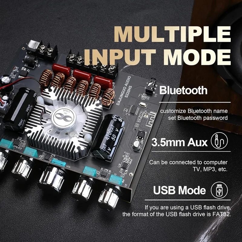 DAJUNGUO 1Set S220HS Bluetooth Power Amplifier Board, 2.1 Channel TDA7498E 160Wx2+220W Audio Power Amplifier Module