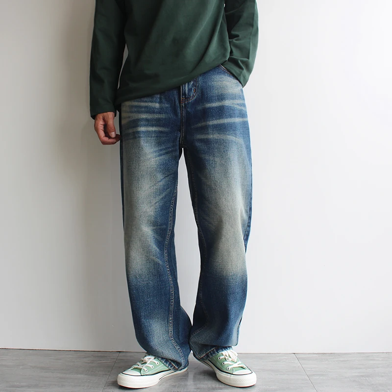 

2025 Autumn Winter American-style Blue Jeans for Men Straight Leg Thick Warm Wide-Leg Loose Fit Trendy Casual Washed Denim Pants