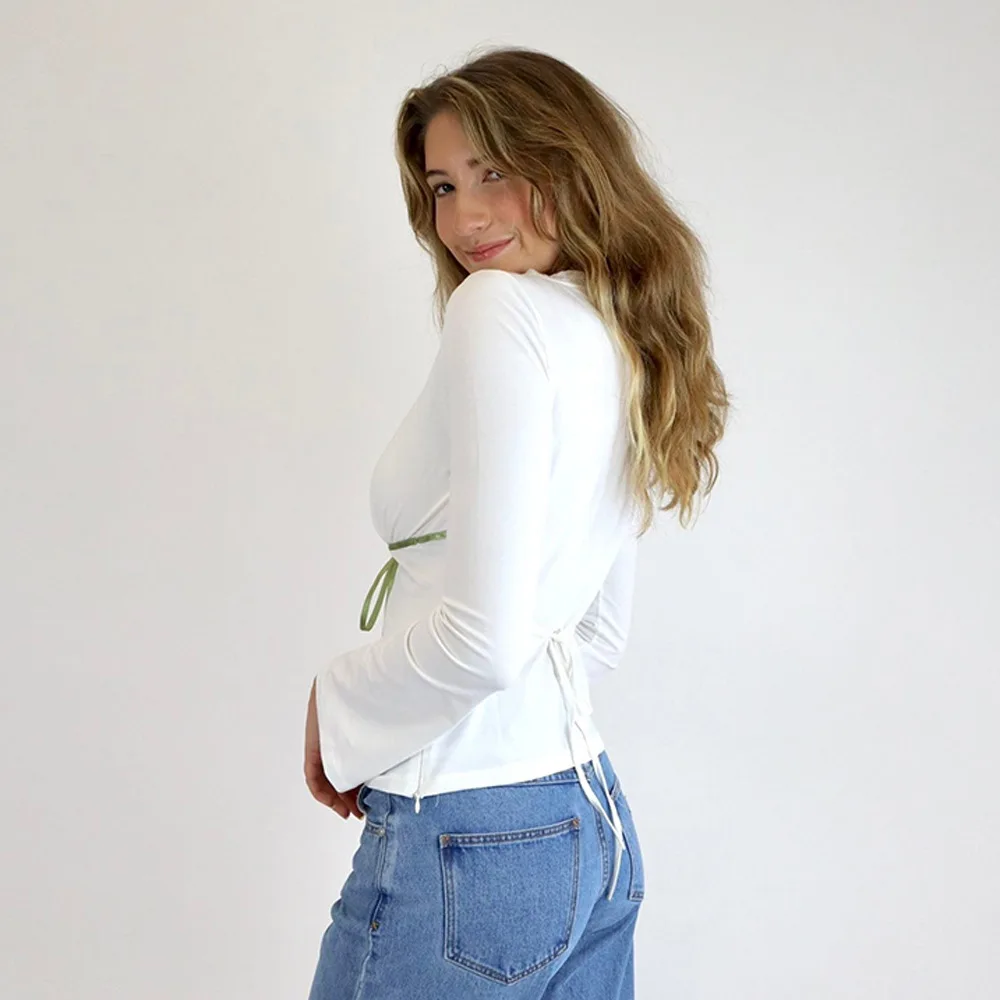 Ins Style New Women's V-Neck Lace Trim Bow Long Sleeve Sexy Slim Fit T-Shirt