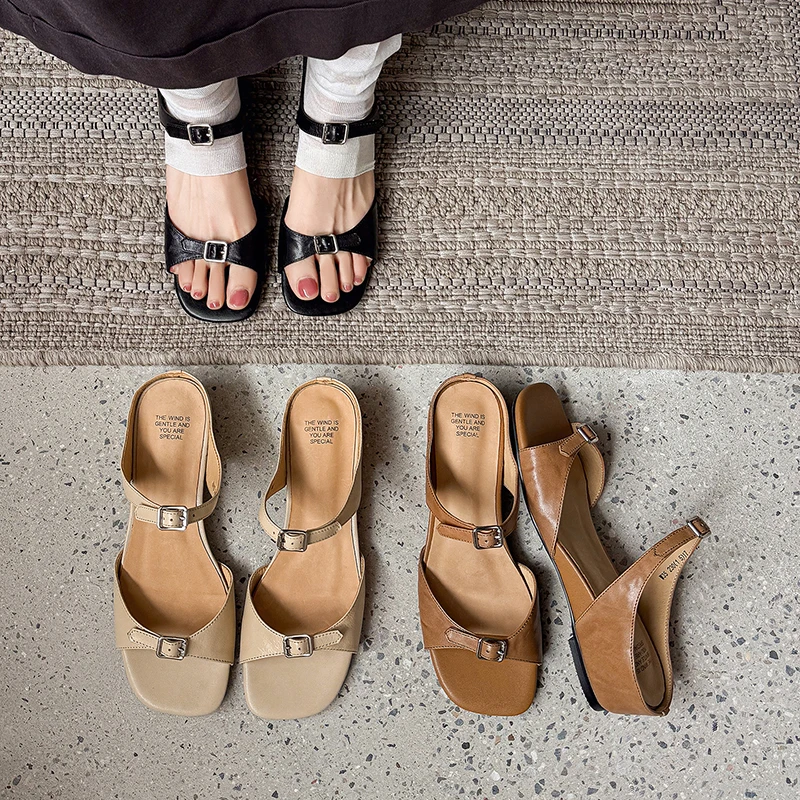 2026 new summer women sandals natural leather plus size 22-25cm sheepskin+cowhide+pigskin buckle mules high heel women slippers