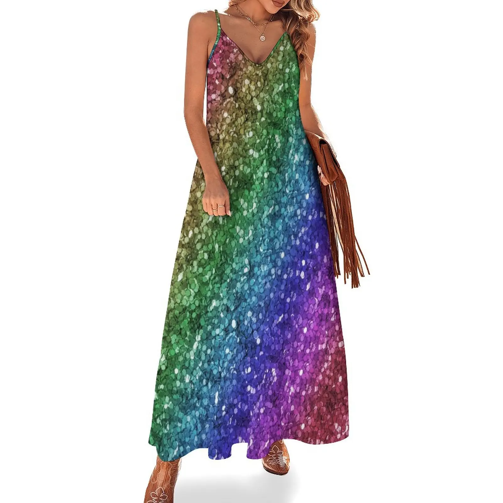 Glitter arco-íris unicórnio padrão sem mangas vestido longo vestidos de verão mulher 2025 vestido de baile de verão 2025