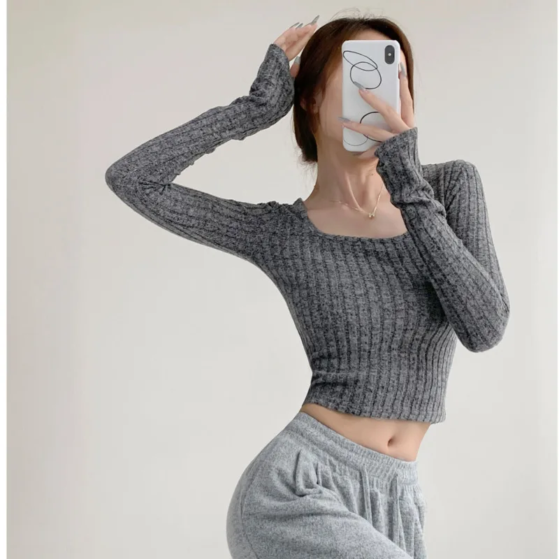 

2024 Autumn/winter New Square Collar Trumpet Long Sleeved Knitted Sweater Pullover Women Pit Stripe Solid Slim Short Top F077