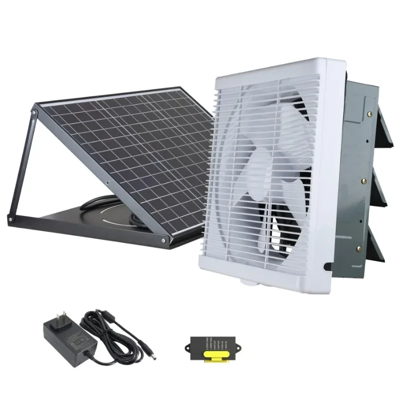 

10'' Axial Flow Air Ventilation Fan Attic Louver Vent Tools Solar Panel Grid Electricity Dual Powered 30W HVAC Wall Exhaust Fan