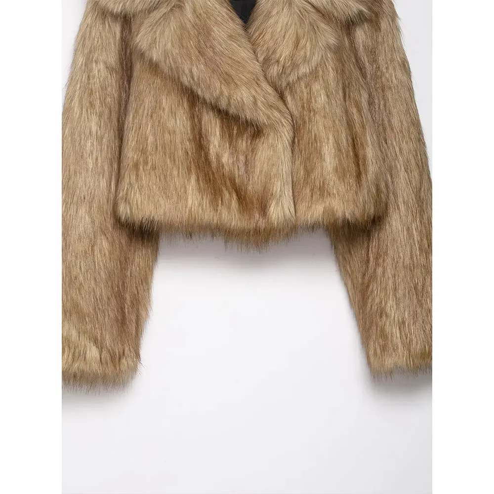 Nieuwe dames wintermode kaki nepbont open steekjassen vintage revers hals lange mouwen vrouwelijke elegante chique dame outfits