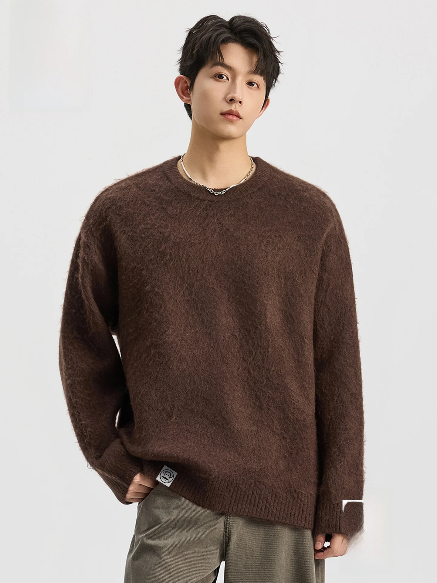 

Мужской свитер в американском ретро-стиле, свободного кроя, с круглым вырезом, кофейного цвета, из смесовой шерсти мутон, теплый, с длинными рукавами