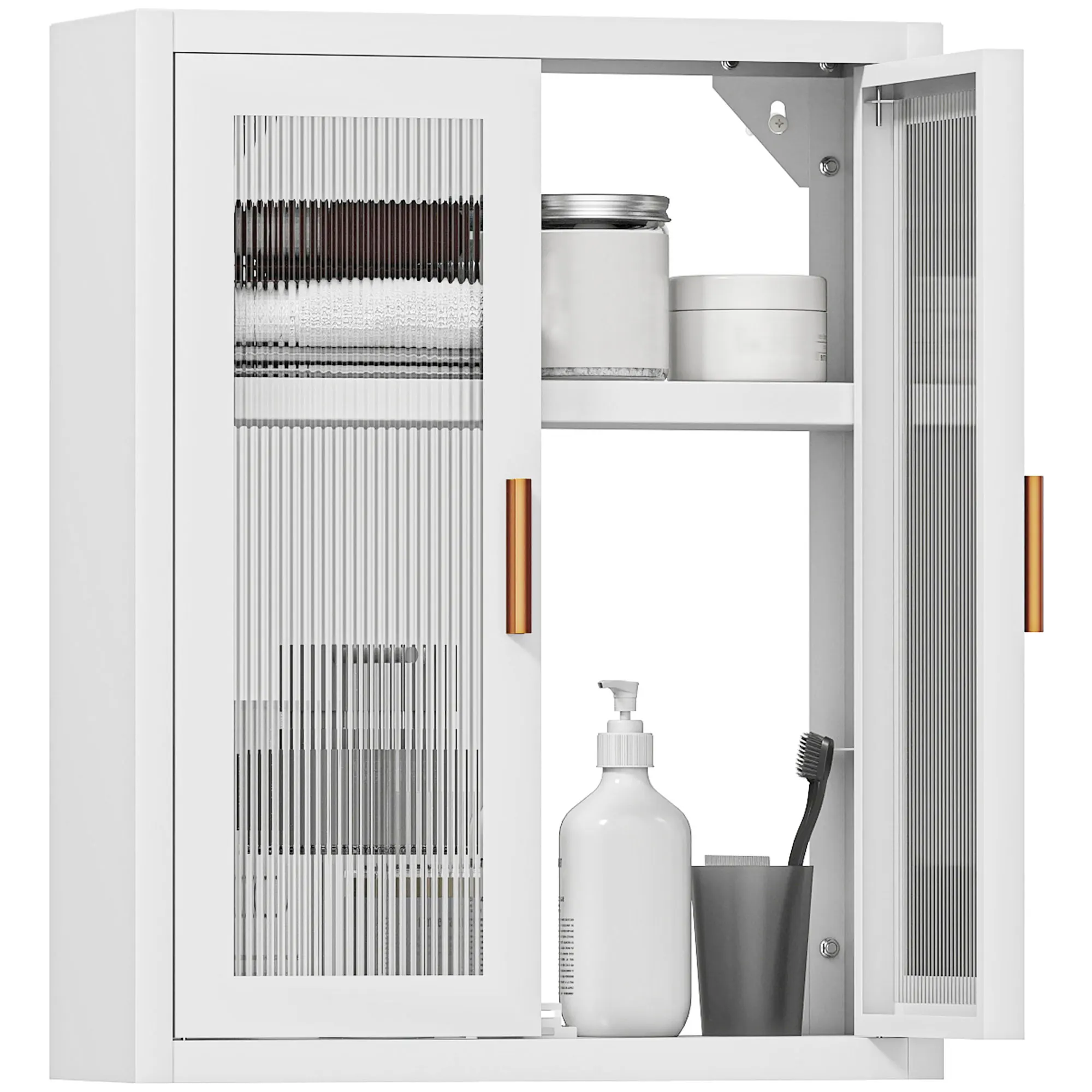Badezimmer-Wandschrank, hoher Badezimmerschrank mit 2 geriffelten Türen, verstellbares Regal, 40 x 14 x 50 cm, weiß.
