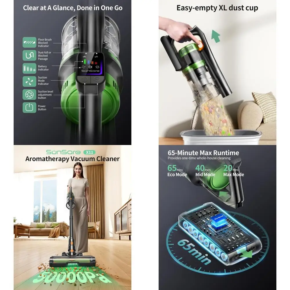 

600W Cordless Vacuum Cleaner, 50kPa Suction, 65-Minute Runtime, Anti-Tangle Stick for Home, Pet Hair & Carpet Cleaning, with Sce