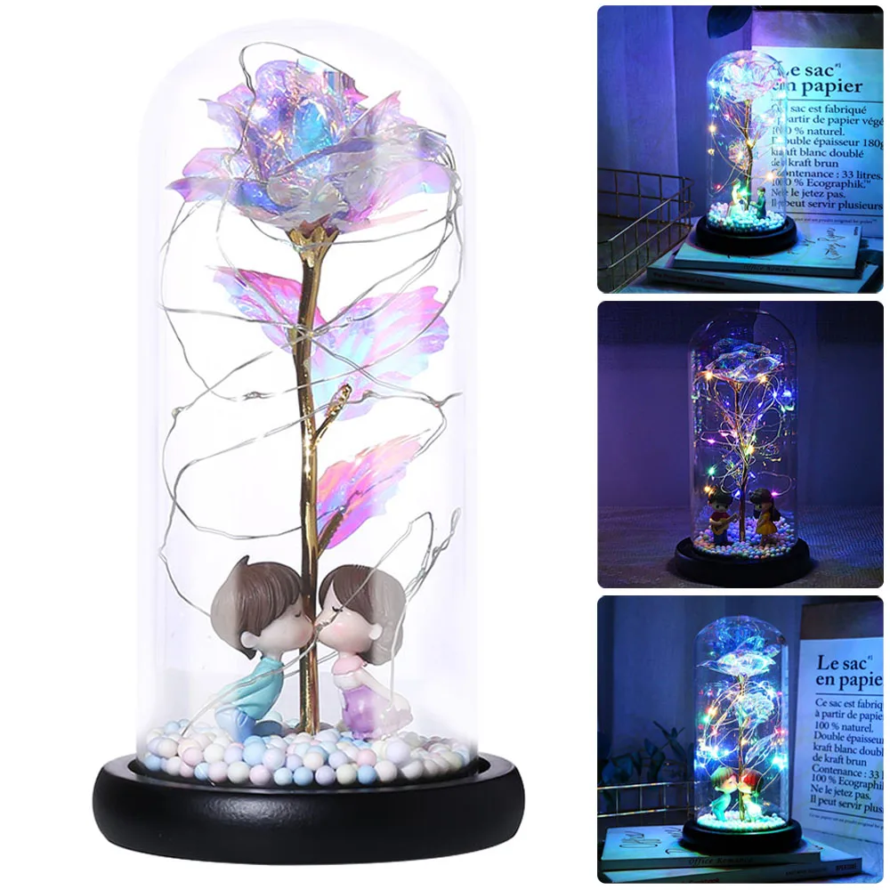 Gold Foil Rose Flower Night Light Kit Rose in Glass Dome Valentine's Day Gift Artificial Colorful Rose Beauty and The Beast Rose