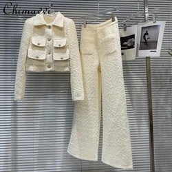 2026 Autumn New Fashion Tweed Pocket Long-sleeved Short Jacket Straight Pant Sets Women's Temperament Commuting Two-piece Set