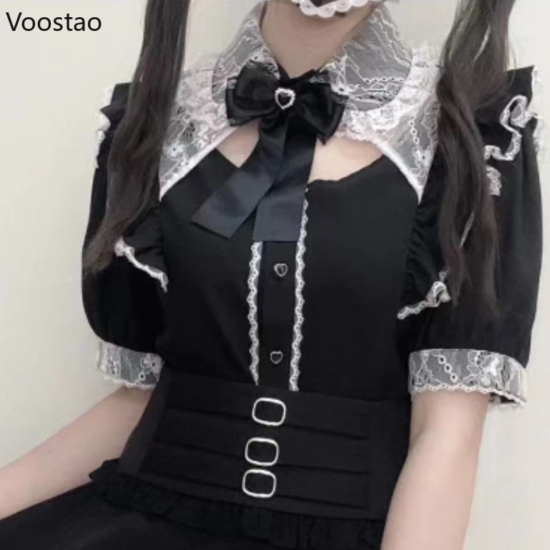 Japanese Gothic Lolita Shirts Y2k Aesthetic Women Harajuku Lace Bow Short Sleeve Blouses Clothes Girls Kawaii Punk Blusas Tops