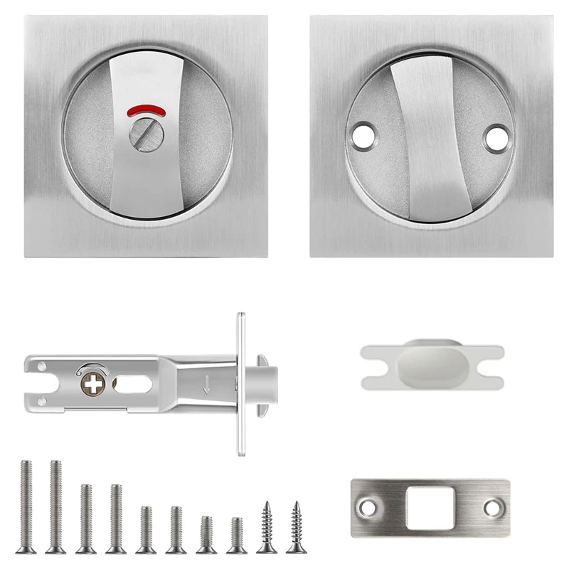 FULL-Pocket Door Lock With Indicator Light, Silver Privacy Square Pocket Latch, Barn Door Lock Pocket Door Hardware