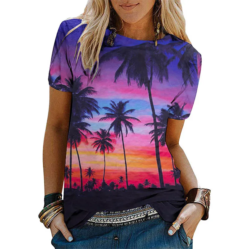 New Hawaiian Sunset Palm Tree 3D Print T-Shirts Women Short Sleeve T Shirt Y2k Tops Harajuku Oversized Beach Tees Woman Clothing