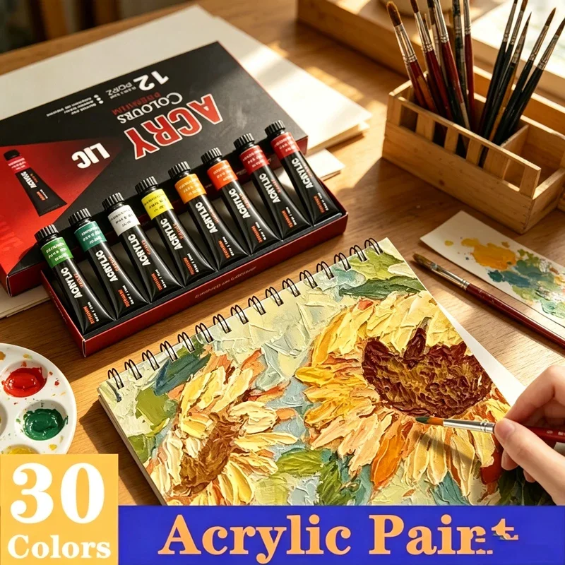 12ML Acrylic Paints Set 12/24/30 Colors, Waterproof Painting Pigment Fabric, Wood, Ceramic, Hand‑Painted DIY Beginners & Artists